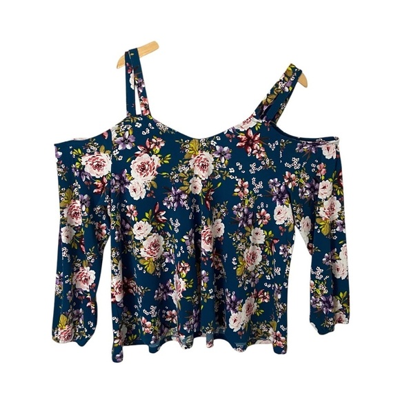 Torrid Strappy Cold Shoulder Top Crepe Floral Blue Puff Sleeve Plus Sz 2X - Picture 7 of 7